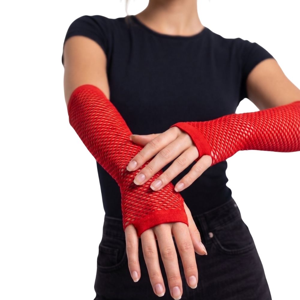 Guantes Largos de Malla Rojos Sin Dedos para Disfraz