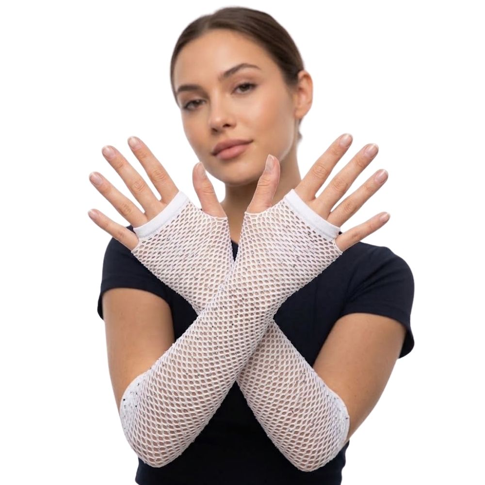 Guantes Largos de Malla Blancos Sin Dedos con Brillos