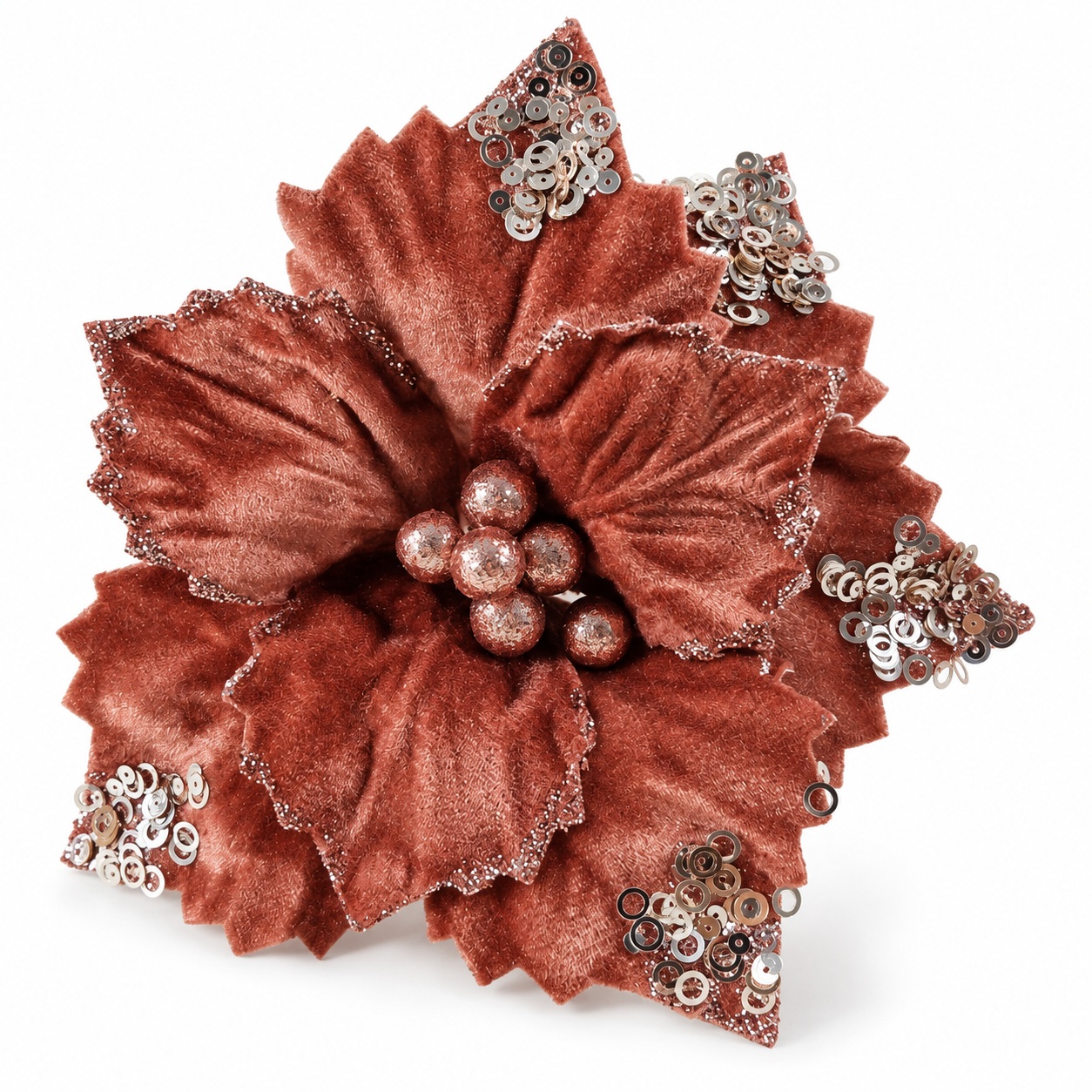 Flor Navideña Vinotinto Terciopelo con Lentejuelas Decorativa