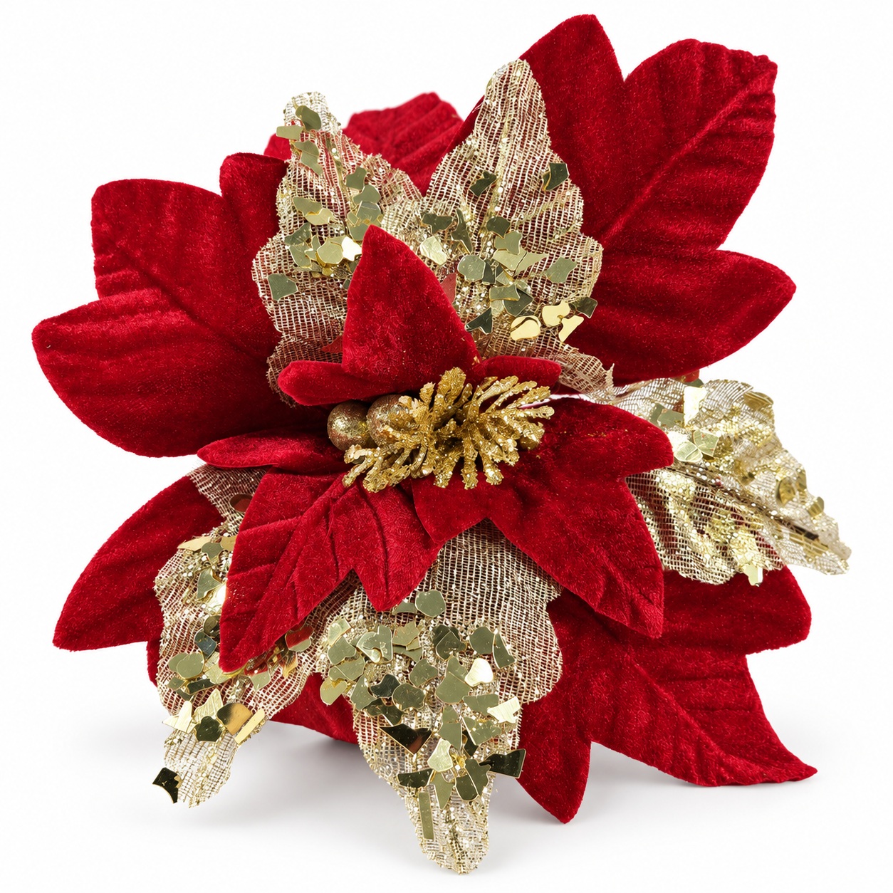 Flor Navideña 32cm Roja Velvet con Malla y Lentejuelas Doradas