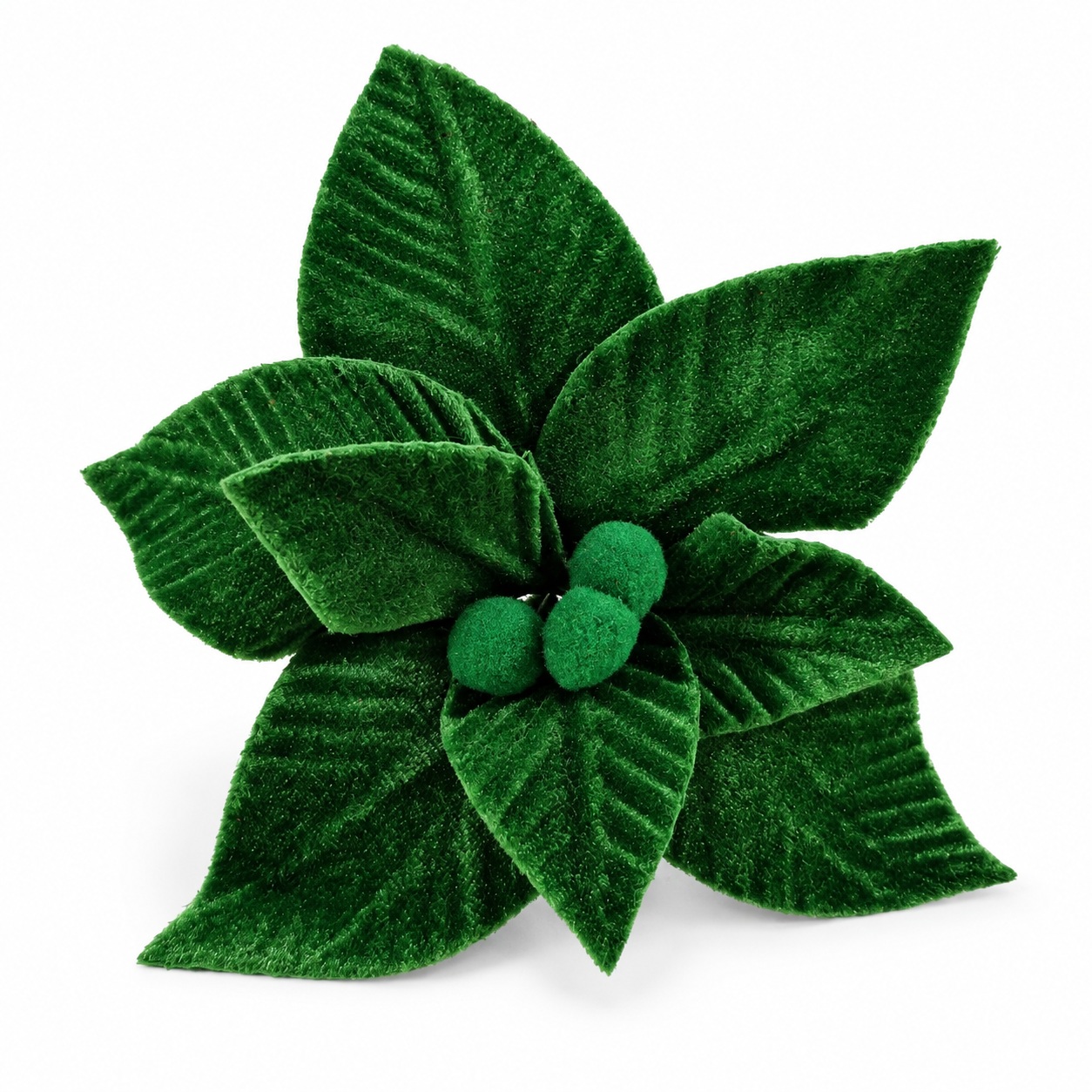 Flor Navideña 17cm Verde Terciopelo con Pompones Decorativa