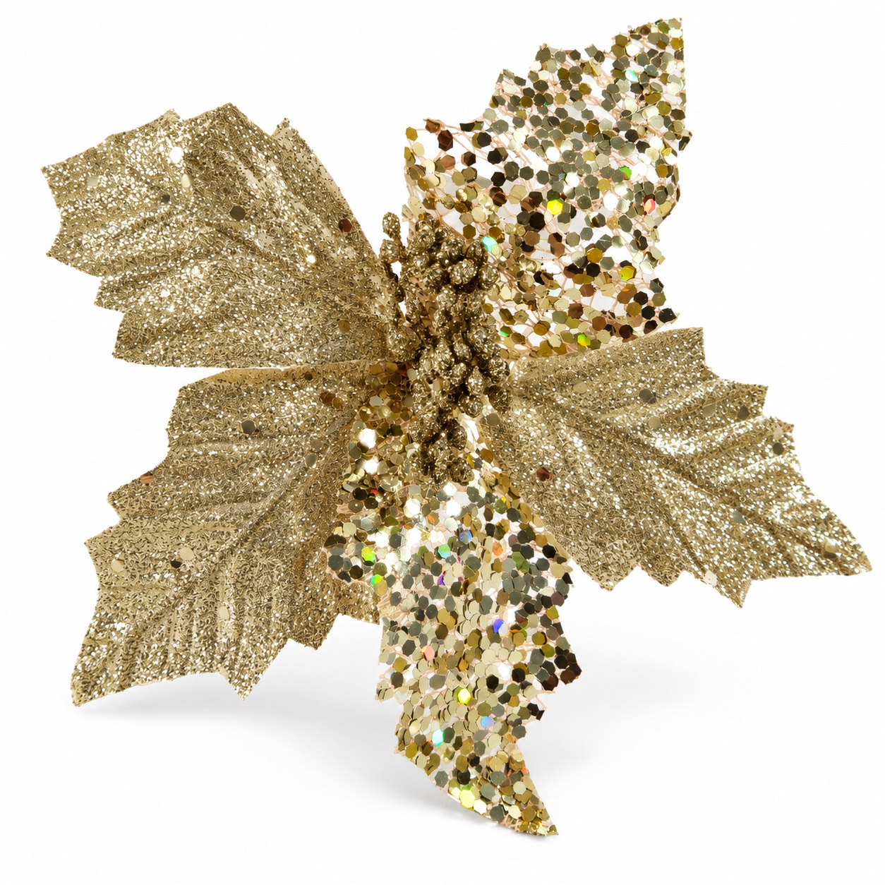 Flor Navideña 20cm Dorada con Escarcha y Lentejuelas Decorativa